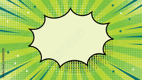 Modern pop art in the style of an abstract comic. The bright background resembles a retro style, combining sun rays and explosive elements. Bright colors emphasize its advertising character.