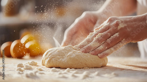 Wallpaper Mural Close-up of hands kneading dough on kitchen counter, flour dusted around the table for making pizza base. Baking concept with focus to food product photo in studio lighting Torontodigital.ca
