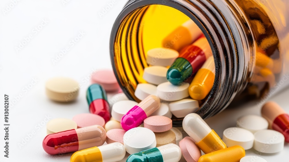 Close-up of variously colored pills and capsules pouring out of an open amber bottle, set against a clean, white background to highlight healthcare Close-up of variously colored pills and capsules pouring out of an open amber bottle, set against a clean, white background to highlight healthcare