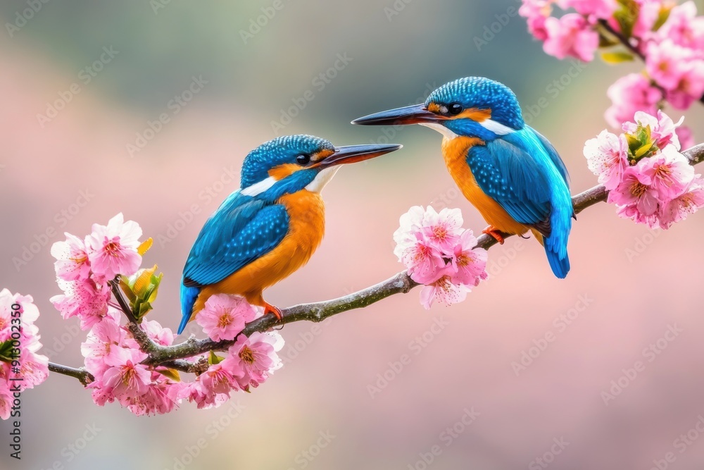 Vivid kingfishers perched on blooming branch Vivid kingfishers perched on blooming branch