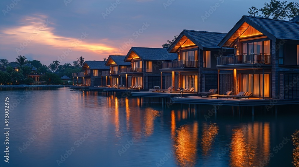 Luxury lakeside resort at dusk with serene water reflections