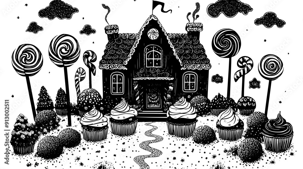 Candy house surrounded by lollipops, cupcakes, and swirly candy canes, forming a fantasy-like scene, vector illustration art