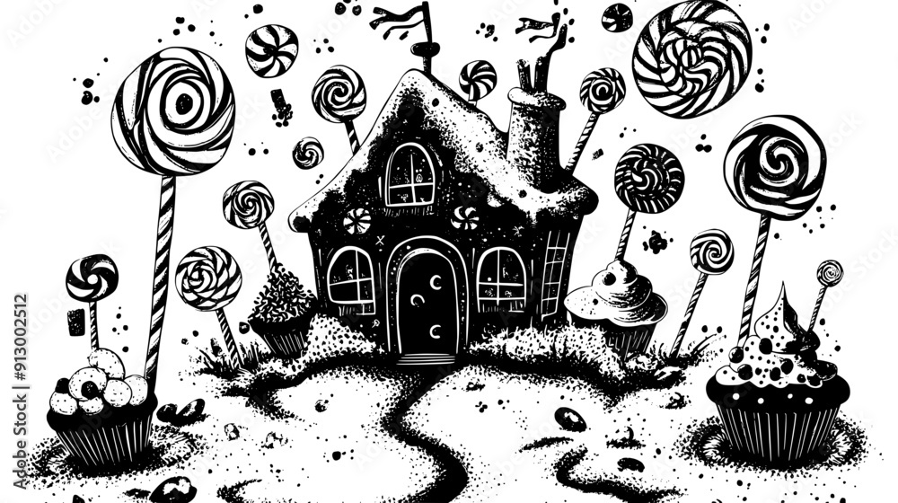 Candy house surrounded by lollipops, cupcakes, and swirly candy canes, forming a fantasy-like scene, vector illustration art