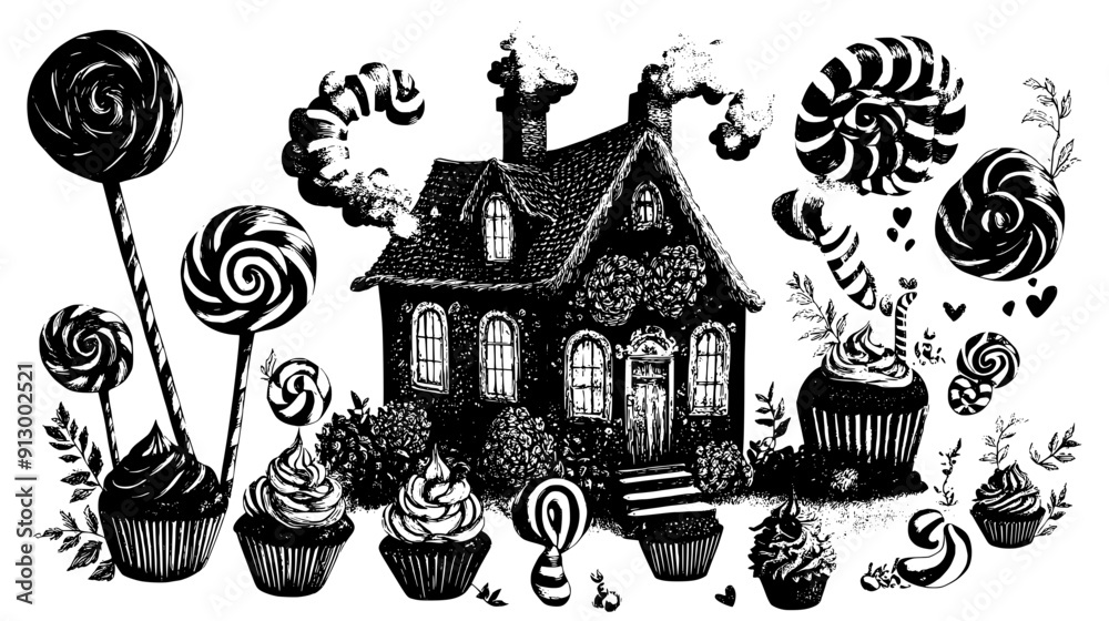 Candy house surrounded by lollipops, cupcakes, and swirly candy canes, forming a fantasy-like scene, vector illustration art