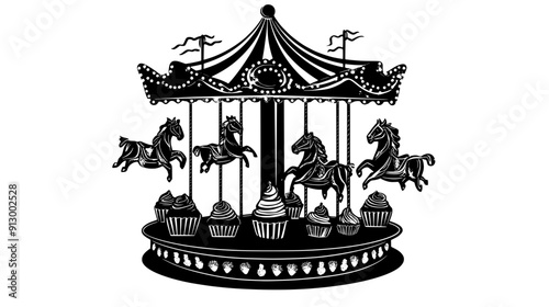 Carousel made entirely of desserts, featuring candy horses and cupcake seats, vector illustration art