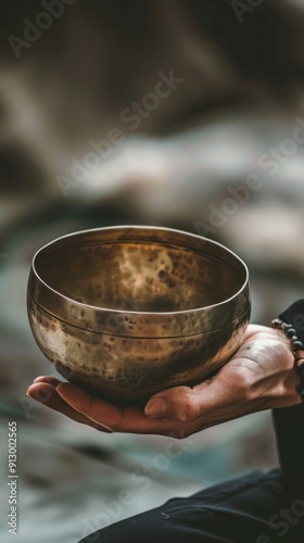 Hand Holding a Tibetan Singing Bowl.