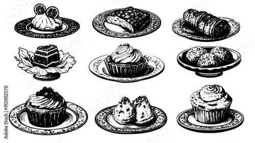 Collection of assorted pastries including croissants, eclairs, and turnovers, vector illustration art