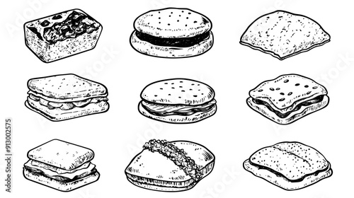 Assorted scones with different shapes and fillings, laid out in a row, vector illustration art