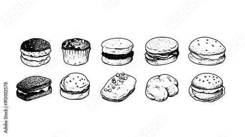 Assorted scones with different shapes and fillings, laid out in a row, vector illustration art