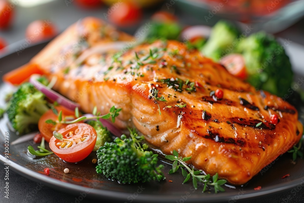 Plate of grilled salmon fillet with a vibrant salad of fresh greens, tomatoes, red onion, and broccoli Colorful and healthy meal Plate of grilled salmon fillet with a vibrant salad of fresh greens, tomatoes, red onion, and broccoli Colorful and healthy meal