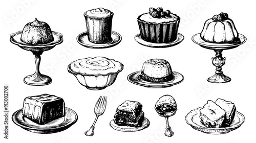 Old-fashioned desserts like jelly molds and custard in vintage setting, vector illustration art