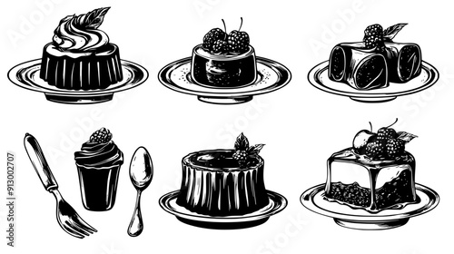Old-fashioned desserts like jelly molds and custard in vintage setting, vector illustration art