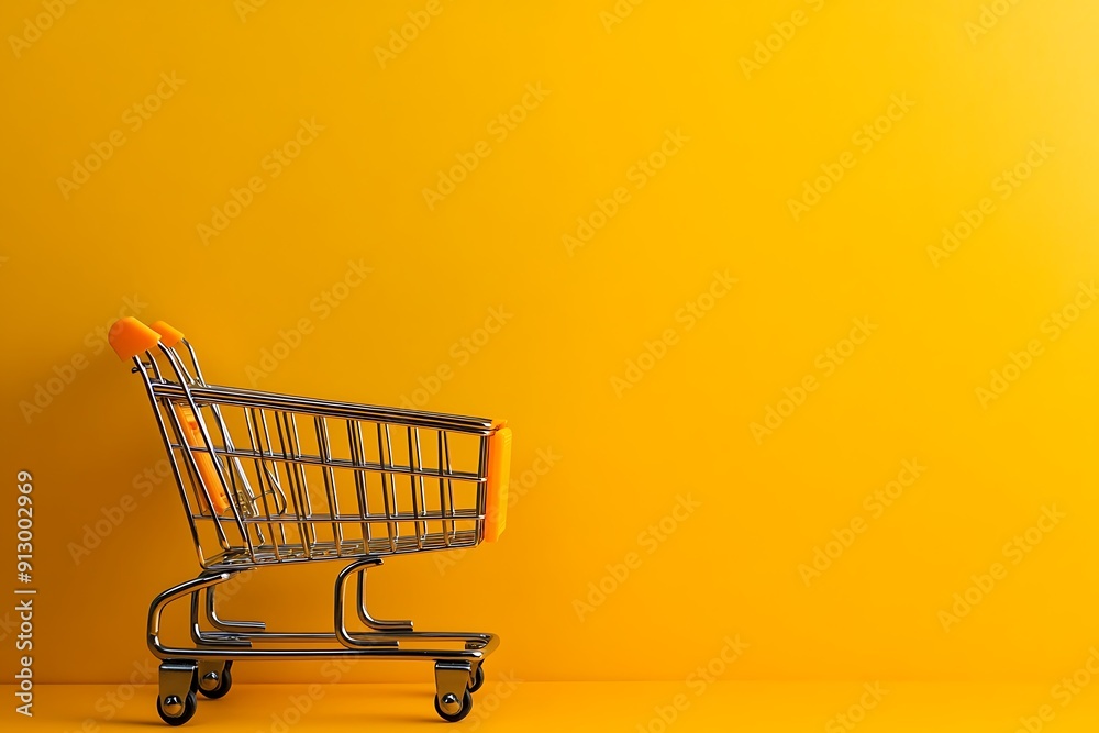 An empty shopping cart set against a vibrant yellow-orange background with ample negative space for text An empty shopping cart set against a vibrant yellow-orange background with ample negative space for text