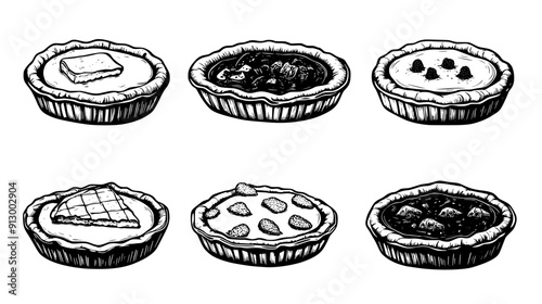 Display of pies with various fillings and different crust designs, vector illustration art