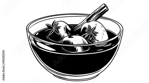 Glass dish of poached pears in syrup, garnished with a cinnamon stick and star anise, vector illustration art