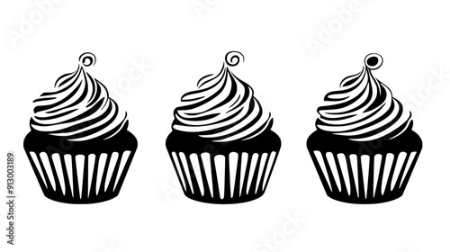 Group of cupcakes with swirled frosting and simple decoration, vector illustration art