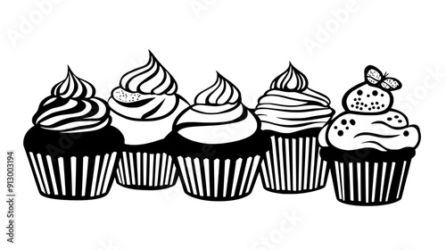 Group of cupcakes with piped frosting and smooth tops, vector illustration art
