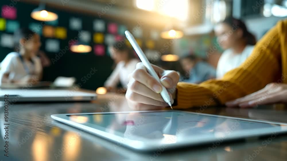 A detailed view of a teacher using a stylus to write on a tablet during a live online lesson A detailed view of a teacher using a stylus to write on a tablet during a live online lesson