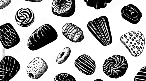 Precise alignment of various candies, intricate and orderly visual pattern, vector illustration art