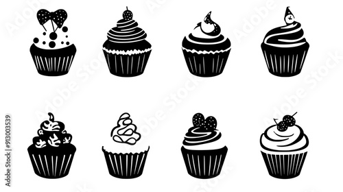 Presentation of cupcakes with different themed decorations on top, vector illustration art