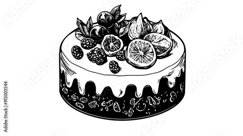 Round, decorated fruitcake featuring dried fruits and nuts, with a white icing coating on top, vector illustration art