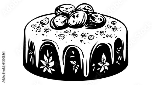 Round, decorated fruitcake featuring dried fruits and nuts, with a white icing coating on top, vector illustration art
