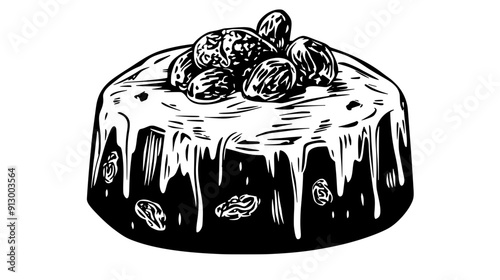 Round, decorated fruitcake featuring dried fruits and nuts, with a white icing coating on top, vector illustration art