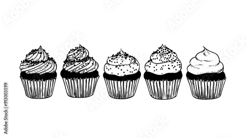 Row of cupcakes with sprinkles and generous frosting, vector illustration art