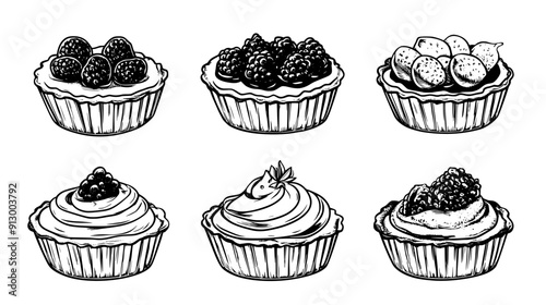 Series of tartlets with different fillings, arranged neatly, vector illustration art