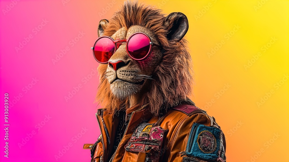 Vibrant Surreal Portrait of a Trendy Humanoid Lion: Perfect for Sporty Interiors and Unique Art Posters with a Colorful Gradient Background