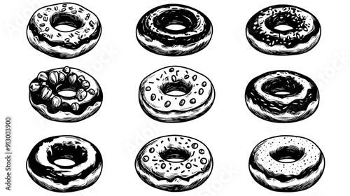 Donuts with various toppings, including sprinkles, nuts, and chocolate, vector illustration art
