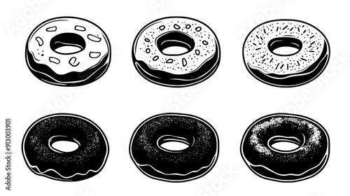 Donuts with various toppings, including sprinkles, nuts, and chocolate, vector illustration art
