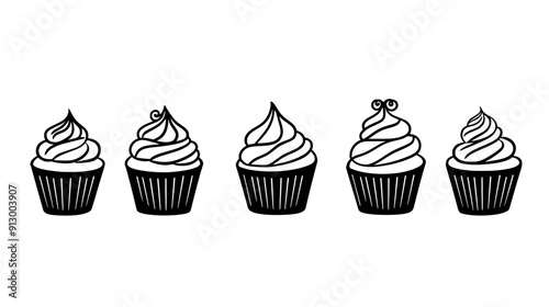 Mini cupcakes arranged in a line, each topped with a small amount of icing, vector illustration art