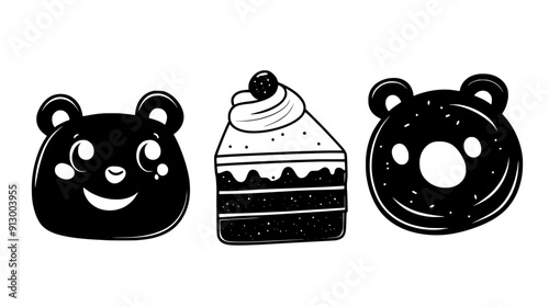 Slice of cake, gummy bear, and doughnut, each with cartoonish eyes and a happy demeanor, vector illustration art