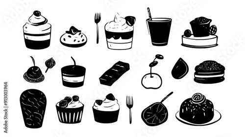 Spread of dessert items, including mousse cups and candy jars, organized by type, vector illustration art