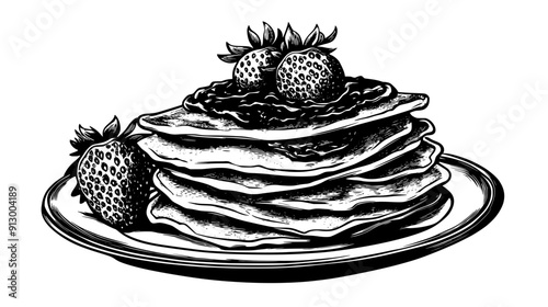 Stack of crepes filled with strawberry jam and a side of fresh strawberries, vector illustration art