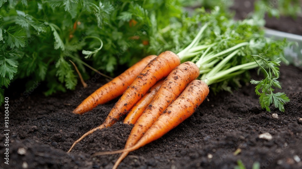 Close-up of just-picked carrots with soil intact, the garden bed visible in the background. Close-up of just-picked carrots with soil intact, the garden bed visible in the background.