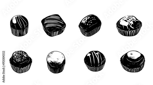 Variety of chocolate bonbons with different flavors and decorations, vector illustration art