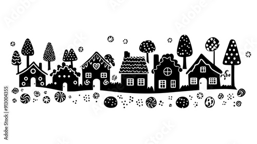Gingerbread village with candy roofs, surrounded by a confectionery landscape, vector illustration art