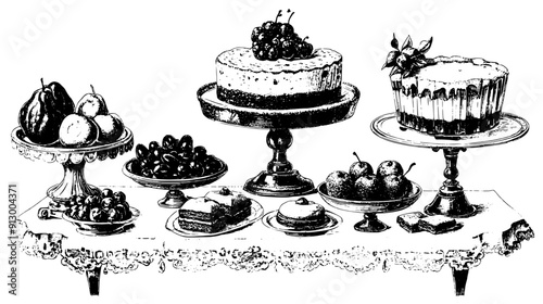 Vintage dessert table with fruitcake, trifle, and tea biscuits, vector illustration art