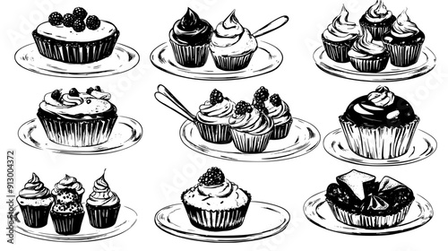 An array of desserts like tarts, muffins, and éclairs presented on multiple glass plates, vector illustration art