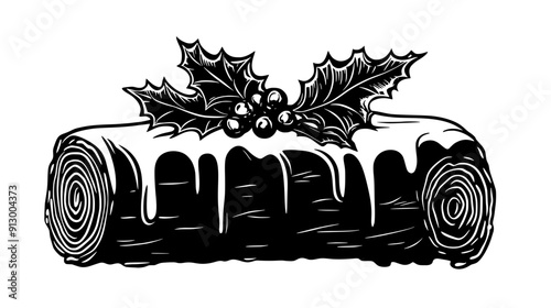 Yule log cake with chocolate icing and a holly leaf garnish on top, vector illustration art