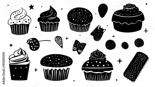 An arrangement of sweets such as pudding, éclairs, and cupcakes showcased in a simple, clean layout, vector illustration art