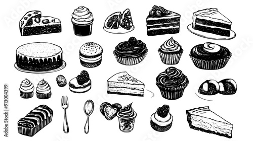 An array of various desserts, including a cake, pie, and pastries, organized neatly on a light background, vector illustration art
