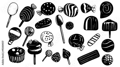 Organized collection of assorted sweets, cohesive, eye-catching design, vector illustration art