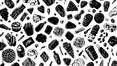Intricate arrangement of various confectionery items, visually appealing pattern, vector illustration art
