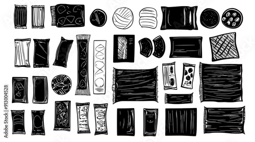 Assorted candy wrappers, including foil and paper types, organized in a neat layout, vector illustration art