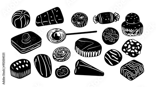 Organized collection of assorted sweets, cohesive, eye-catching design, vector illustration art
