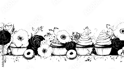 Assortment of cupcakes, doughnuts, and cookies laid out on a long table with floral decorations, vector illustration art