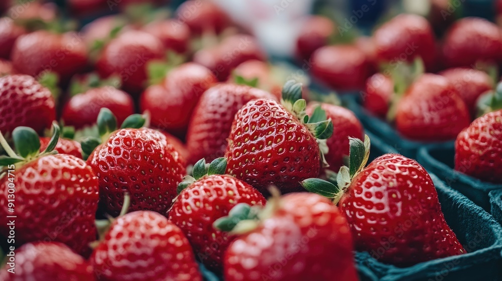 Close-up of ripe strawberries at a bustling market, highlighting their fresh and juicy appeal.
